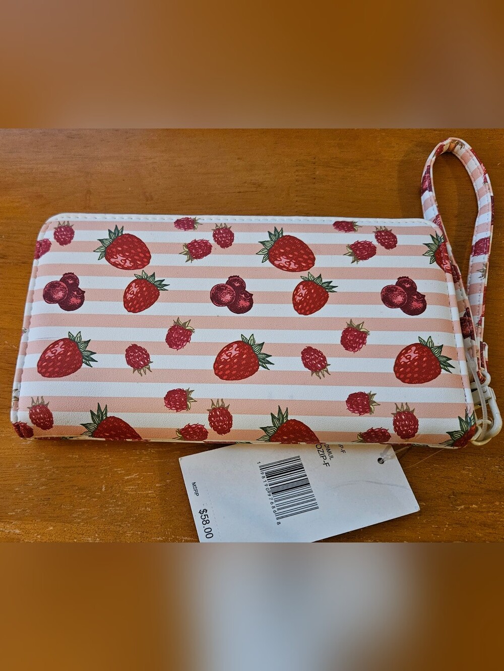 Betsey Johnson Pink & White Striped Strawberry Wristlet Wallet - Picture 3 of 4